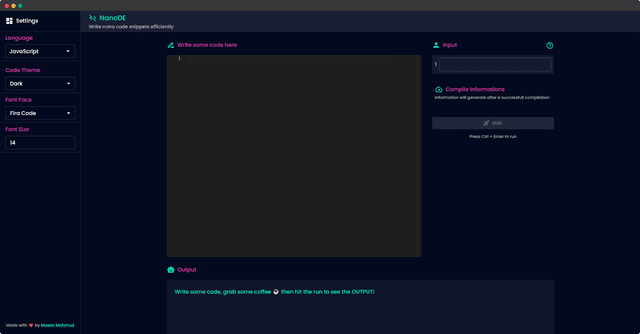 NanoDe - Online Code Compiler Project created by Moeen Mahmud